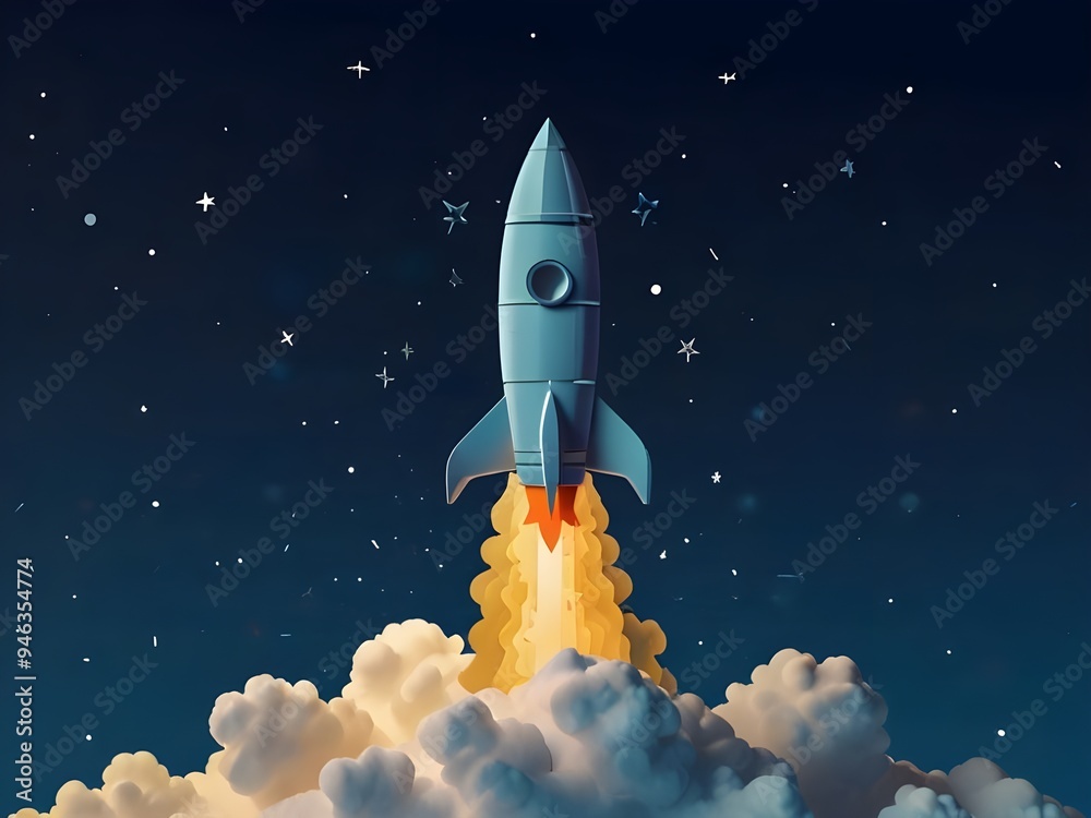 Naklejka premium Papercut animation of rocket on a blue background with stars and clouds