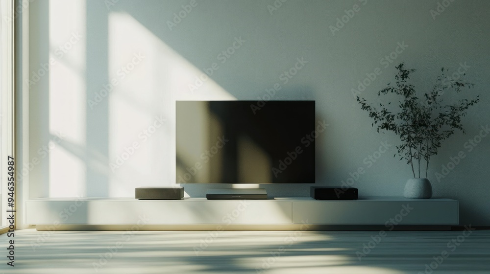 Minimalist Living Room Interior with TV and Plant Minimalist Living Room Interior with TV and Plant