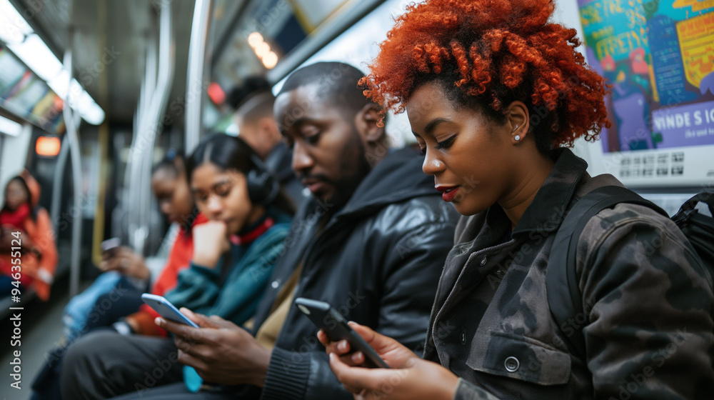 People on a subway deeply engrossed in their smartphones, depicting social isolation. People on a subway deeply engrossed in their smartphones, depicting social isolation.