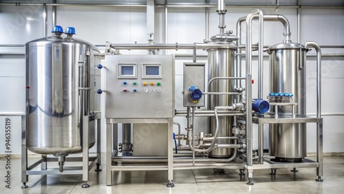 Shiny stainless steel milk pasteurizer machine with digital display and pipes, used in dairy processing to eliminate bacteria and extend shelf life safely. photo