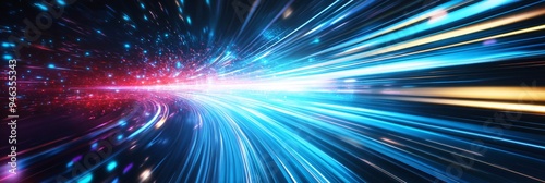 A visually dynamic illustration of a digital tunnel with fast-moving lights and binary code, suggesting advanced technology and data transfer.
