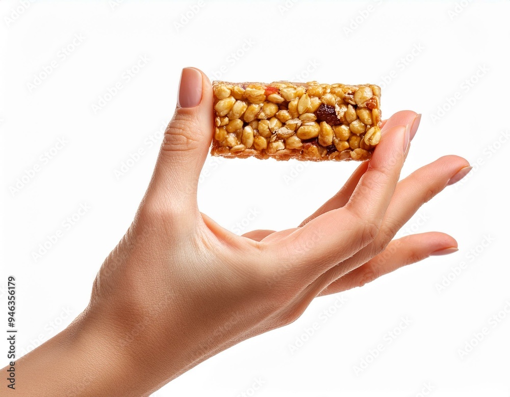 hand holding Munchies health Cereal candy bar isolated on white background. hand holding Munchies health Cereal candy bar isolated on white background.