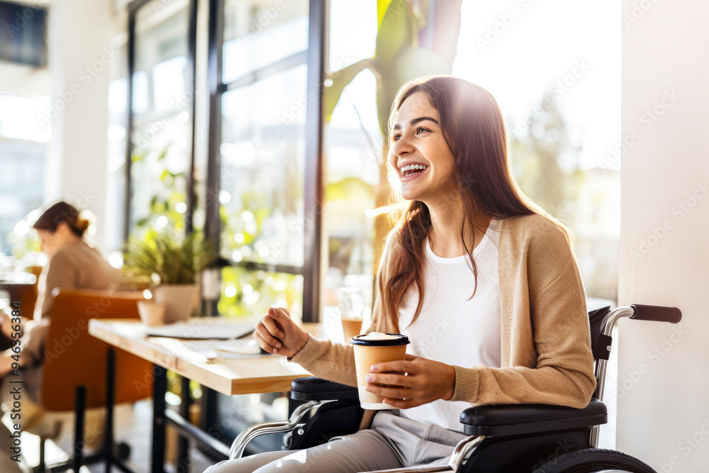 Young woman in a wheelchair enjoying a coffee in a bright, modern cafe with large windows and green plants. Concept of accessible public spaces promoting social inclusion and comfortable leisure time