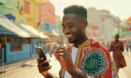 Nigerian Man Smiling While Walking and Using Mobile Phone in Rio de Janeiro