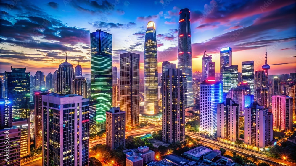 Obraz premium Sleek skyscrapers and neon lights illuminate a bustling metropolis, showcasing the vibrant energy and fast-paced rhythm of urban living in a contemporary cityscape.