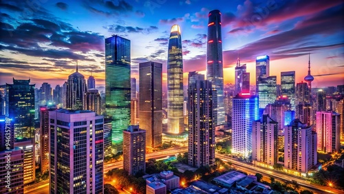 Sleek skyscrapers and neon lights illuminate a bustling metropolis, showcasing the vibrant energy and fast-paced rhythm of urban living in a contemporary cityscape. photo