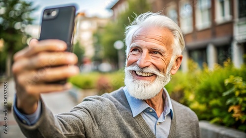 Smiling grey-haired senior holds smartphone with outstretched arm, capturing joyful selfie with blurred background, showcasing warmth and playfulness in everyday life. photo