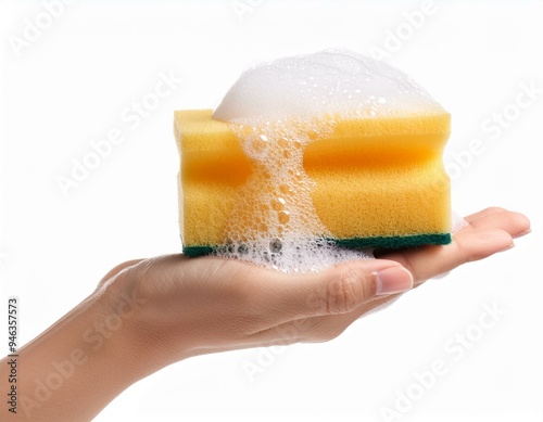 hand holding Sponge with foam soap sud isolated on white background photo