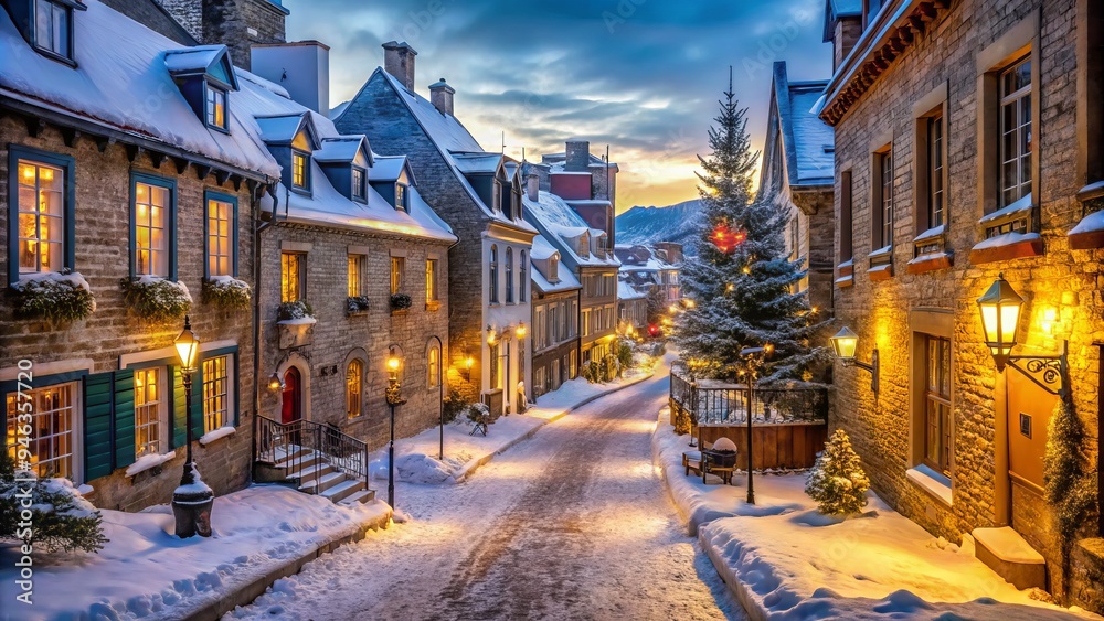 Fototapeta premium Snow-covered cobblestone streets of Old Quebec City, adorned with festive holiday lights, during a serene winter evening under a soft blue-grey sky.
