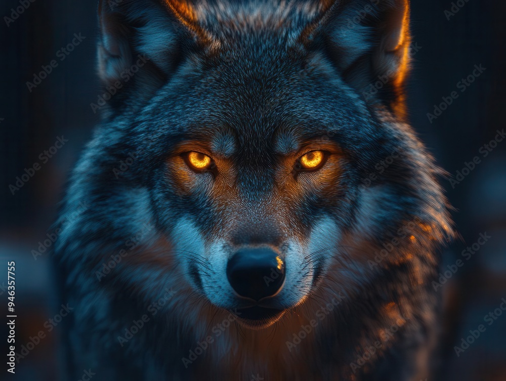 intense closeup of wolf with glowing yellow eyes dark background with eerie red glow illuminating fierce facial features