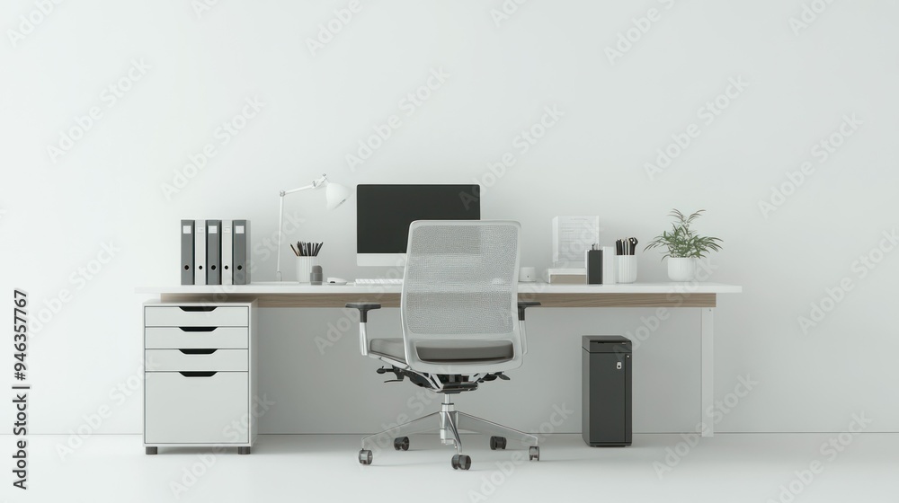 Minimalist Home Office Desk with White Walls and a Silver Mesh Office Chair Minimalist Home Office Desk with White Walls and a Silver Mesh Office Chair