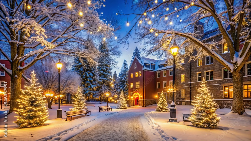 Snowflakes gently fall on a festive university campus during winter break, with decorated trees and buildings illuminated by twinkling lights and festive decorations. Snowflakes gently fall on a festive university campus during winter break, with decorated trees and buildings illuminated by twinkling lights and festive decorations.