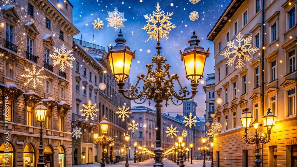 Naklejka premium Snowflakes gently fall on festive street lamps and decorated buildings in Trieste's historic center, capturing the magical essence of a European winter wonderland at Christmas.
