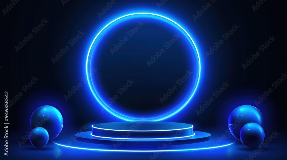 Blue Neon Circle with Platform and Spheres Blue Neon Circle with Platform and Spheres