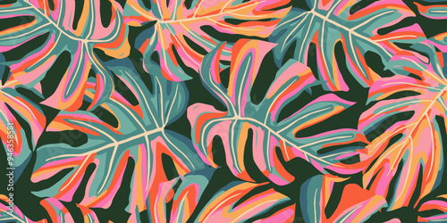 Abstract seamless tropical pattern with bright Monstera leaves on a green background, Hand drawn natural ornaments for textile, fabric, wallpaper, card, cover, poster, decoration.