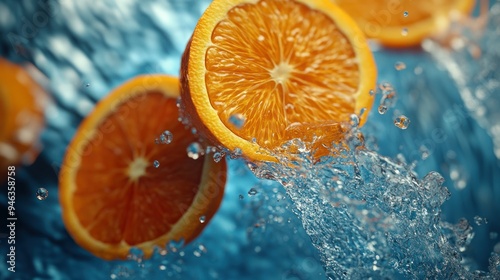 Orange Slices Splashing into Blue Water