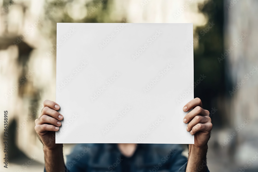 A person holding up an empty white sign in front of the camera A person holding up an empty white sign in front of the camera