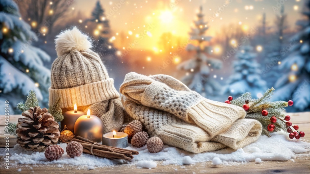 Softly lit winter wonderland scene featuring warm and cozy clothing items such as scarves, hats, and gloves scattered on a snowy background. Softly lit winter wonderland scene featuring warm and cozy clothing items such as scarves, hats, and gloves scattered on a snowy background.