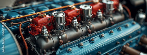 Close-up of Vintage Car Engine with Colorful Details