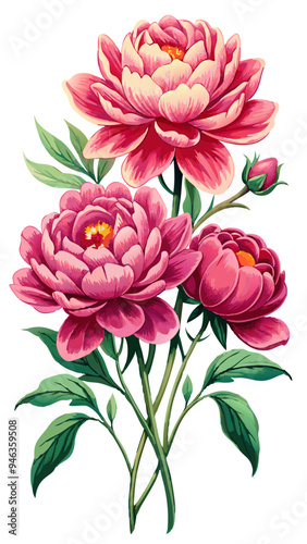 Vibrant Peony Illustration With Detailed Petals and Leaves - A colorful illustration of a peony flower showcasing vibrant petals and lush green leaves, capturing beauty and elegance in nature's design