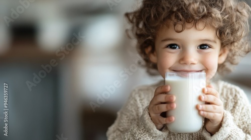 An adorable image of a curly-haired toddler sipping milk from a glass, captured with a radiant smile, illustrating a moment of contentment and joy.