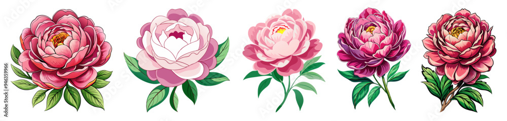 Vibrant Peony Illustration With Detailed Petals and Leaves - A colorful illustration of a peony flower showcasing vibrant petals and lush green leaves, capturing beauty and elegance in nature's design Vibrant Peony Illustration With Detailed Petals and Leaves - A colorful illustration of a peony flower showcasing vibrant petals and lush green leaves, capturing beauty and elegance in nature's design