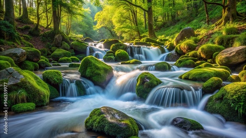 Sparkling clear water rushes rapidly downhill, cascading over moss-covered rocks and around smooth boulders, creating a serene yet dynamic natural scenery in the forest.
