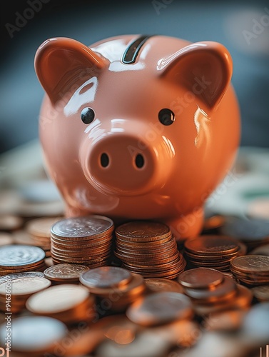 Piggy bank surrounded by coins in soft focus with warm, ambient lighting in the background photo