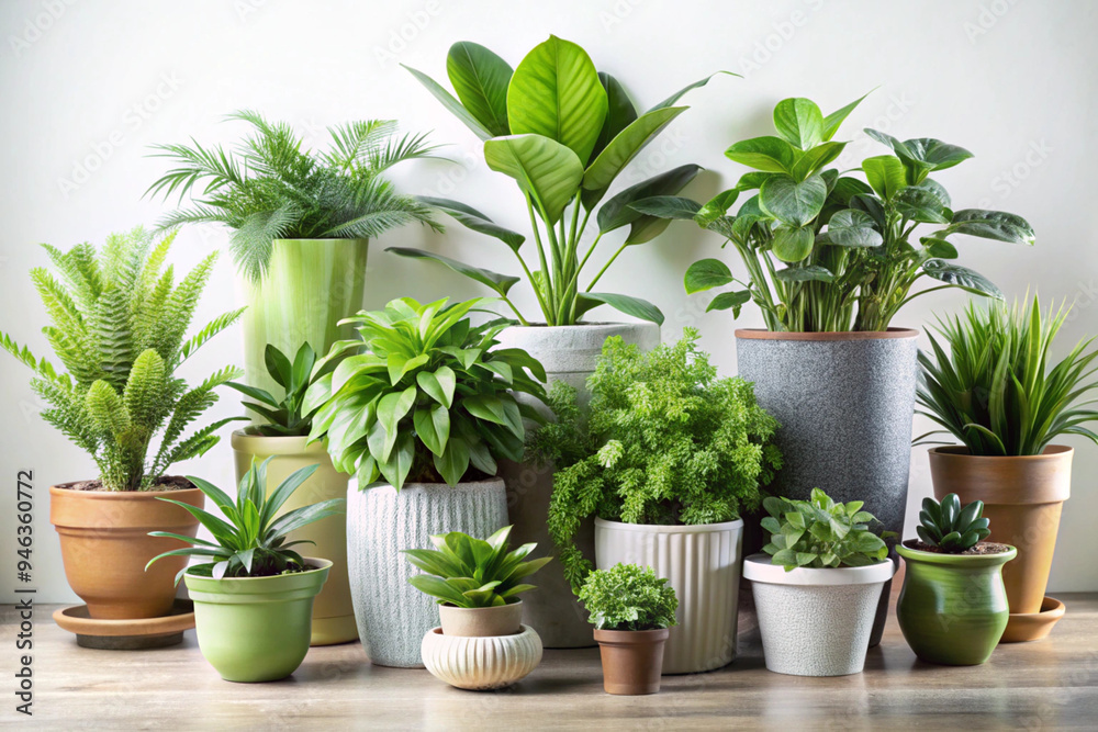Fototapeta premium Stylish Set of Green Potted Plants: Perfect for Modern Interior Decoration, home decor