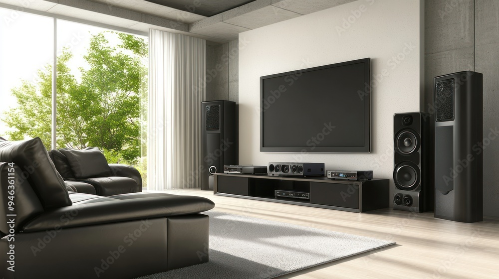 Modern living room with black leather sofa and home theatre system Modern living room with black leather sofa and home theatre system