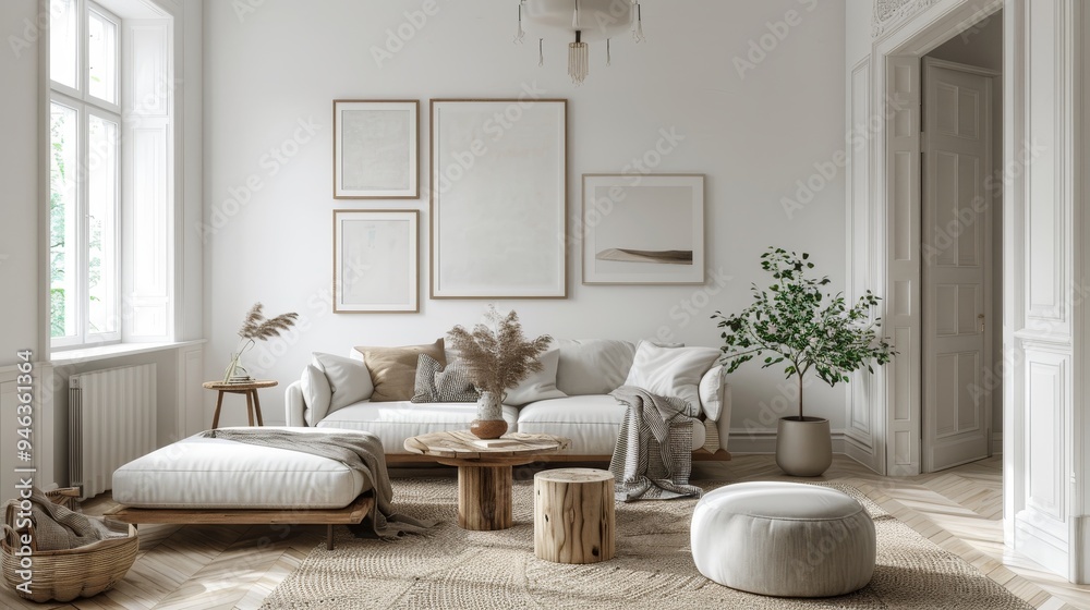 Serene Scandinavian Living Room with White Plastic Picture Frames and Minimalist Design Serene Scandinavian Living Room with White Plastic Picture Frames and Minimalist Design