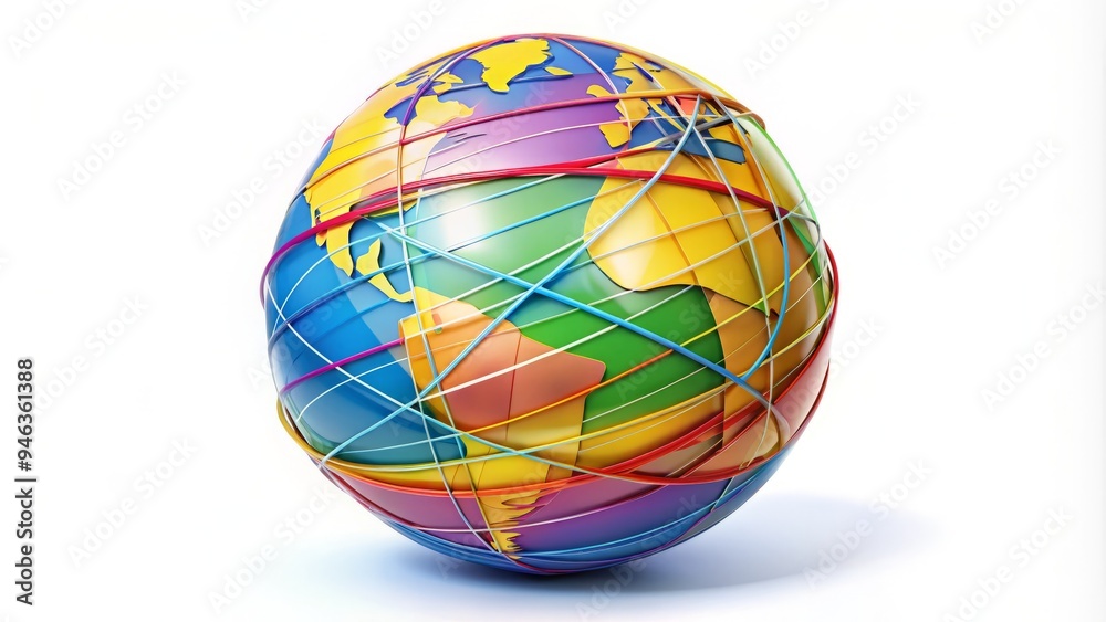 Stylized globe icon outline with bold lines and vibrant colors, symbolizing international connection, communication, and unity, set against a clean white background. Stylized globe icon outline with bold lines and vibrant colors, symbolizing international connection, communication, and unity, set against a clean white background.