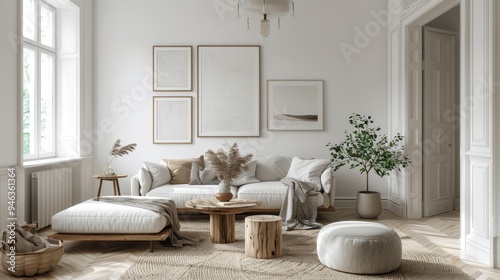 Serene Scandinavian Living Room with White Plastic Picture Frames and Minimalist Design