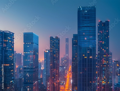 Glowing Cityscape at Twilight   Tranquil Urban Skyline with Tall Buildings