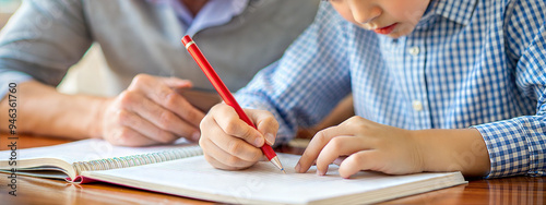 The teacher or tutor does homework with the child. Concept of care and attention. Back to school.
