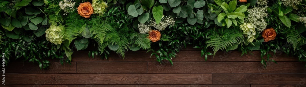 Garden-inspired wedding backdrop with a lush wall of greenery and delicate flowers, offering a fresh and natural setting, wedding backdrop, garden greenery Garden-inspired wedding backdrop with a lush wall of greenery and delicate flowers, offering a fresh and natural setting, wedding backdrop, garden greenery