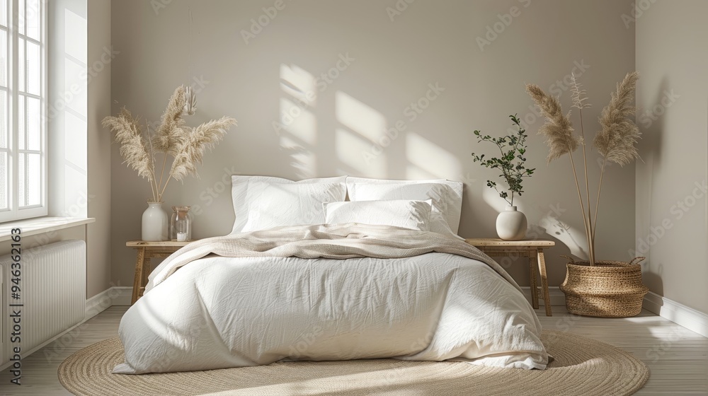 Serene Scandinavian Bedroom with Minimalistic Design and White Plastic Bedside Tables Serene Scandinavian Bedroom with Minimalistic Design and White Plastic Bedside Tables