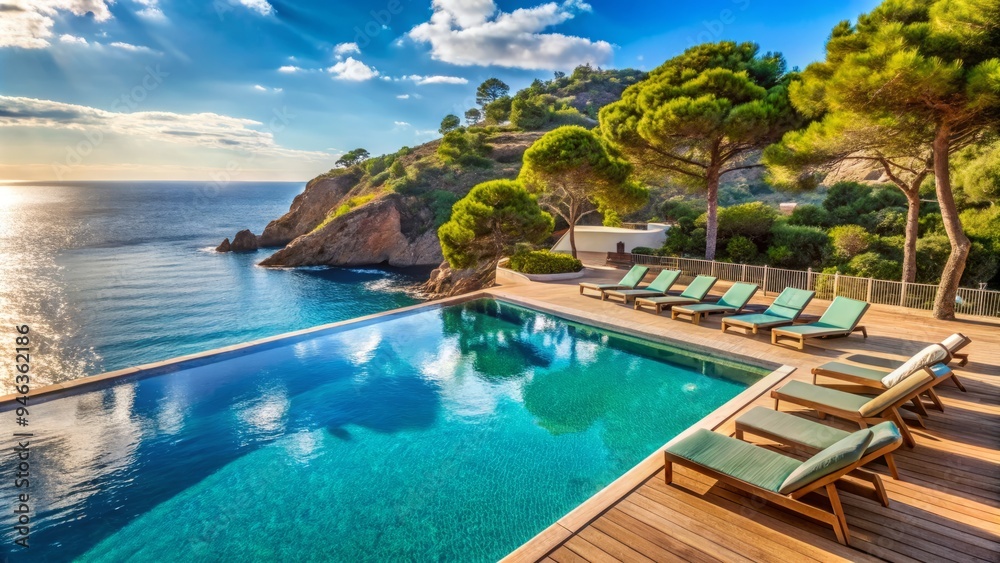 Sunny Mediterranean resort hotel with turquoise pool and stylish lounge chairs overlooking the sparkling sea and rugged coastline of Costa Brava, Spain. Sunny Mediterranean resort hotel with turquoise pool and stylish lounge chairs overlooking the sparkling sea and rugged coastline of Costa Brava, Spain.