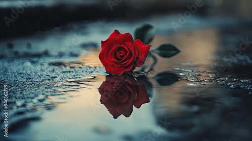 Fototapeta Naklejka Na Ścianę i Meble -  Single red rose reflected in a puddle of water, creating a distorted and surreal image.