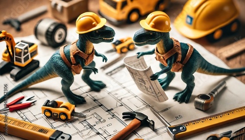 Fototapeta Naklejka Na Ścianę i Meble -  Toy dinosaurs in construction hats discussing blueprints at a miniature construction site