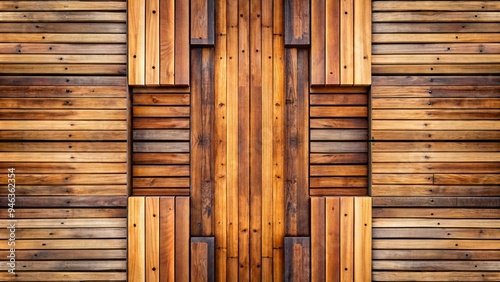 Symmetrical wooden planks laid side by side, showcasing a repetition of parallel lines and varied textures, creating a visually striking and harmonious composition. photo