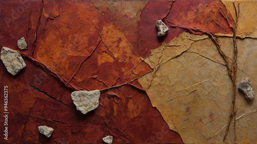 Background Abstract mixed media artwork featuring red, brown and beige colors, with textured layers and embedded natural elements, such as rocks and twigs.