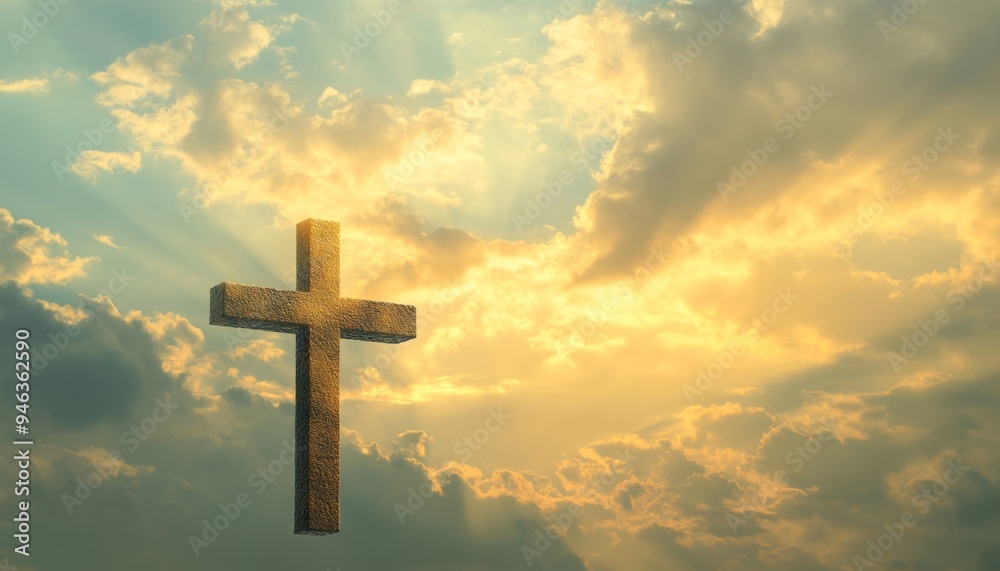 Illuminated Cross Floating in Ethereal Sky: Powerful Symbol of Faith and Spirituality. Minimalist Religious Concept with Sunlit Silhouette against Light Clouds. Elegant Design Template for Inspiration Illuminated Cross Floating in Ethereal Sky: Powerful Symbol of Faith and Spirituality. Minimalist Religious Concept with Sunlit Silhouette against Light Clouds. Elegant Design Template for Inspiration