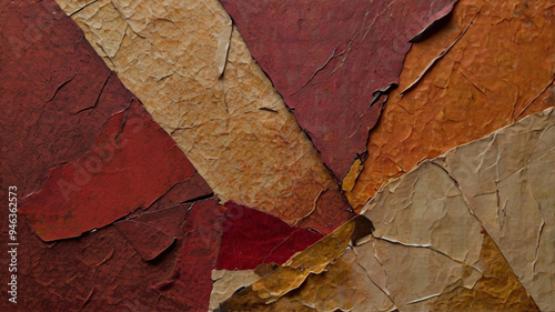 Background Abstract mixed media artwork featuring red, brown and beige colors, with textured layers and embedded natural elements, such as rocks and twigs.