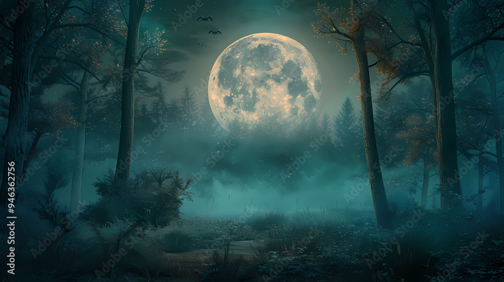 Mystical spooky forest scene with tall, dark trees and a glowing full moon Mystical spooky forest scene with tall, dark trees and a glowing full moon