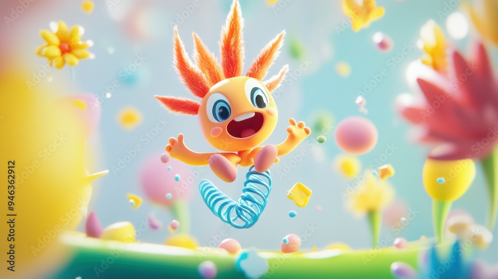 Joyful Orange Character Bouncing on a Blue Spring in a Colorful World Joyful Orange Character Bouncing on a Blue Spring in a Colorful World