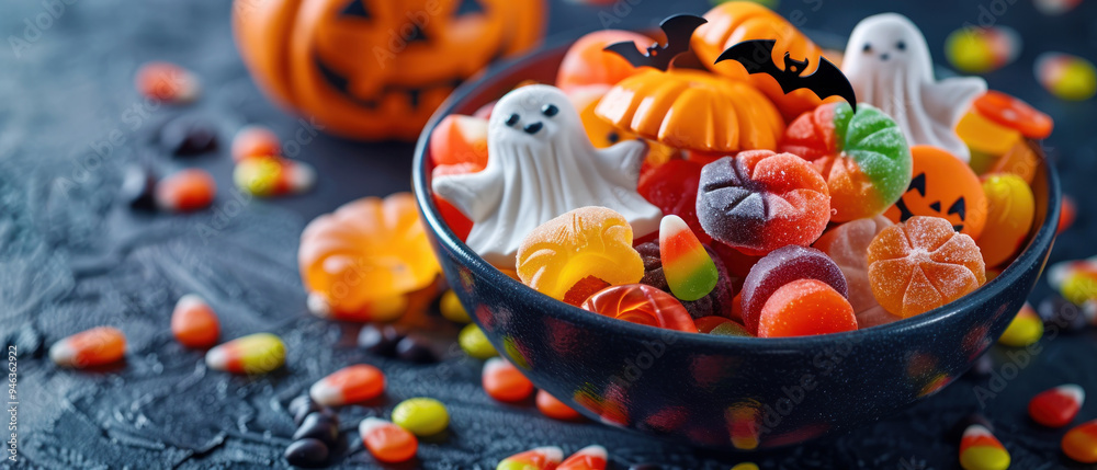 Fototapeta premium Colorful bowl of Halloween candy featuring ghosts, pumpkins, and sweets perfect for festive celebrations.