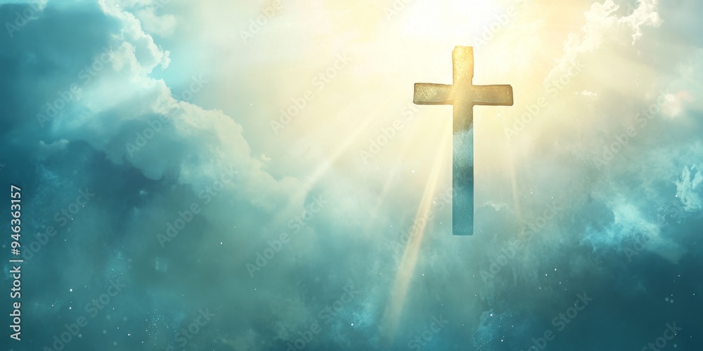 Illuminated Cross Floating in Ethereal Sky: Powerful Symbol of Faith and Spirituality. Minimalist Religious Concept with Sunlit Silhouette against Light Clouds. Elegant Design Template for Inspiration Illuminated Cross Floating in Ethereal Sky: Powerful Symbol of Faith and Spirituality. Minimalist Religious Concept with Sunlit Silhouette against Light Clouds. Elegant Design Template for Inspiration