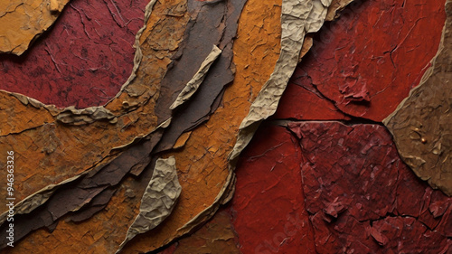 Background Abstract mixed media artwork featuring red, brown and beige colors, with textured layers and embedded natural elements, such as rocks and twigs.