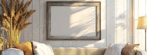 Mockup of a weathered wood frame displayed in a farmhouse style living room interior with a light gray paint wash natural fiber matting and a warm golden glow creating a cozy countryside ambiance